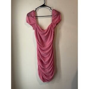 Princess Polly Rutched Bodycon Dress Puff Sleeve Off The Shoulder Barbie Pink 8‎